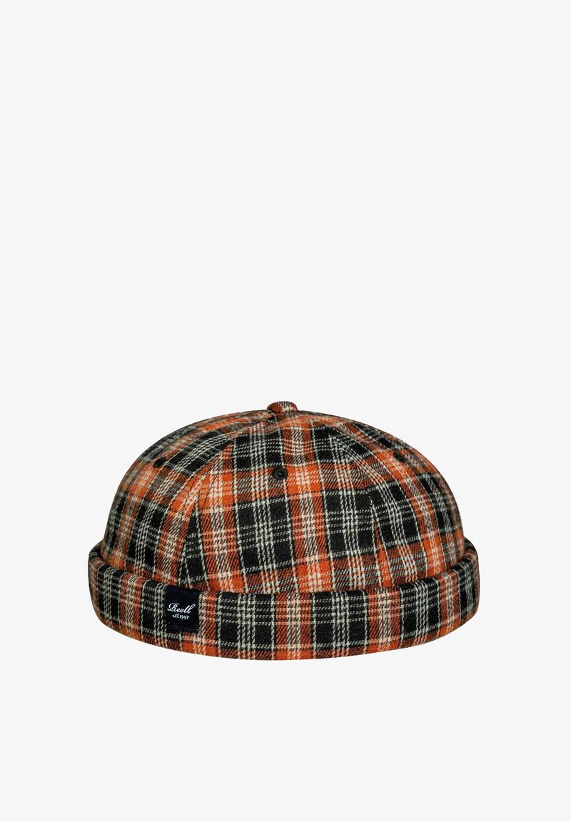 Plaid cap in orange, black, and white with a rounded shape. Features a cuffed brim and a label on the side. Textured wool-like material.