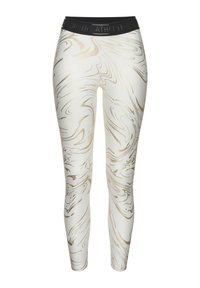 Hochgeschnittene Leggings in Weiß mit einem goldenen marmorierten Muster. Hergestellt aus einem glatten, dehnbaren Material mit einem elastischen schwarzen Bund.