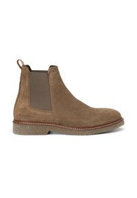 Botte Chelsea en daim marron avec panneau latéral élastique, languette au talon, semelle cousue et semelle extérieure en caoutchouc texturé.