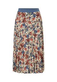 Jupe plissée florale avec une taille bleue. Présente un fond crème avec des motifs de fleurs rouges et bleues. Texture de tissu léger.