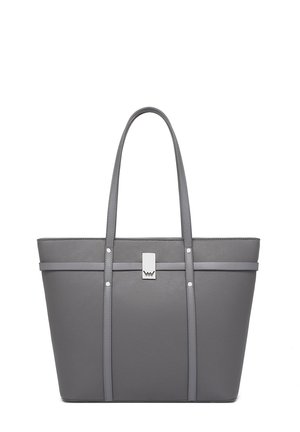 Gray tote bag made of smooth material, featuring two long handles, a rectangular shape, silver hardware, and horizontal accent straps.