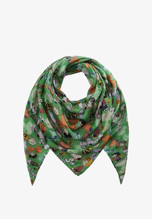 Groene sjaal met verschillende cartoonfiguren in een herhalend patroon. Gemaakt van lichtgewicht stof met een gladde textuur; driehoekige vorm.