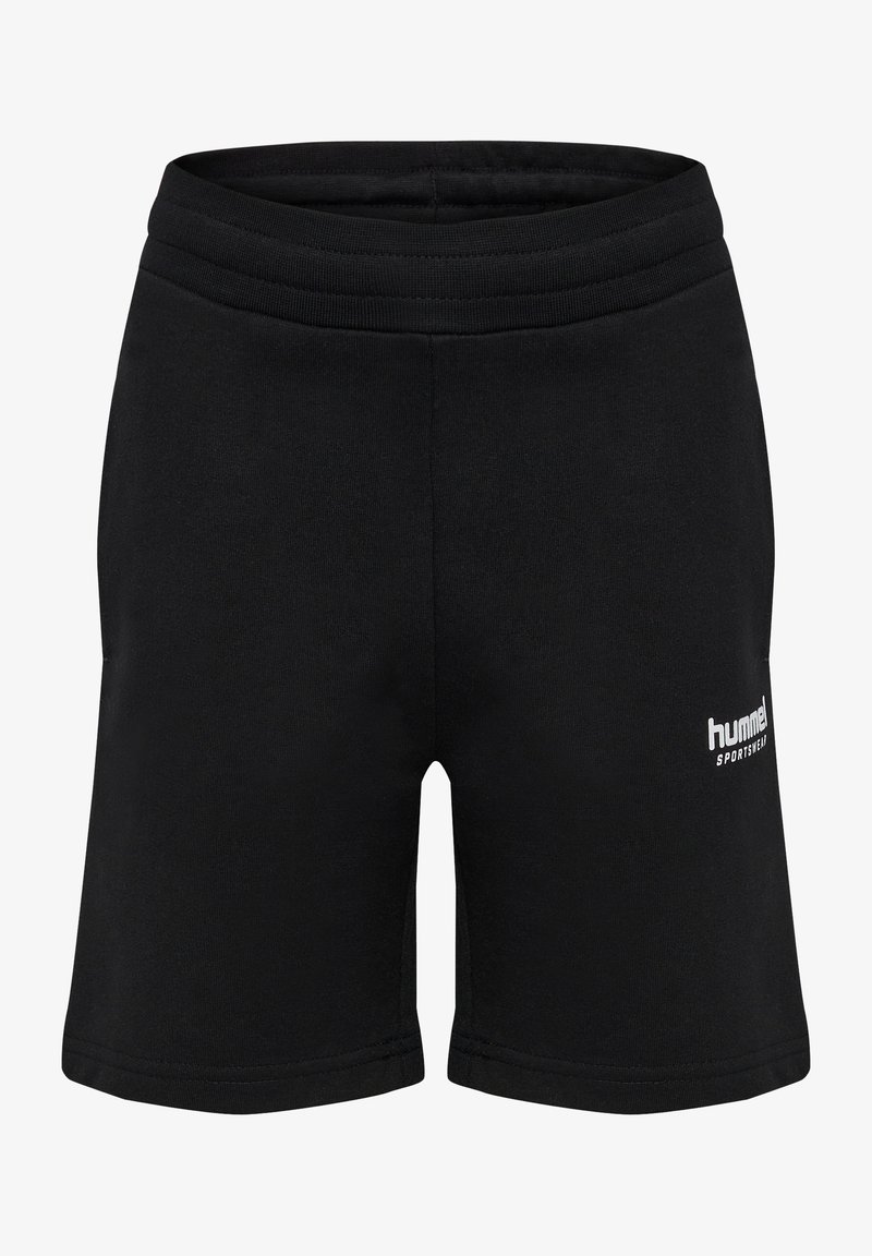 Svarta shorts i mjukt material med resårmidja och en vit logotyp på nederkanten till höger. Enkelt och funktionellt design.