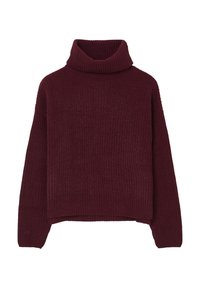 Burgunderfarbener Rollkragenpullover in Rippstruktur; lässige Passform mit langen Ärmeln und cropped Saum, aus dickem Strickmaterial gefertigt.