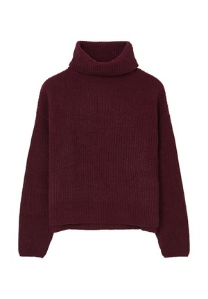 Burgunderfarbener Rollkragenpullover in Rippstruktur; lässige Passform mit langen Ärmeln und cropped Saum, aus dickem Strickmaterial gefertigt.