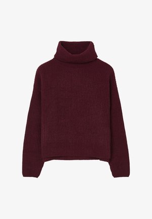 Maglione a collo alto bordeaux in una texture a coste; vestibilità comoda con maniche lunghe e orlo corto, realizzato in un materiale spesso e lavorato a maglia.
