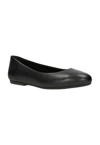Black ballet flat with a rounded toe, made of smooth synthetic material. Features a low heel and minimalistic design without embellishments.