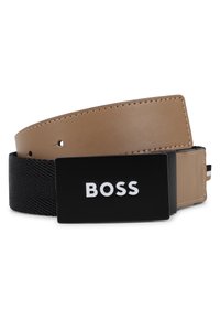 Ζώνη με τμήμα από ταμπά δέρμα και τμήμα από μαύρο υφαντό ύφασμα, με ορθογώνια μαύρη αγκράφα που φέρει το λευκό λογότυπο "BOSS".