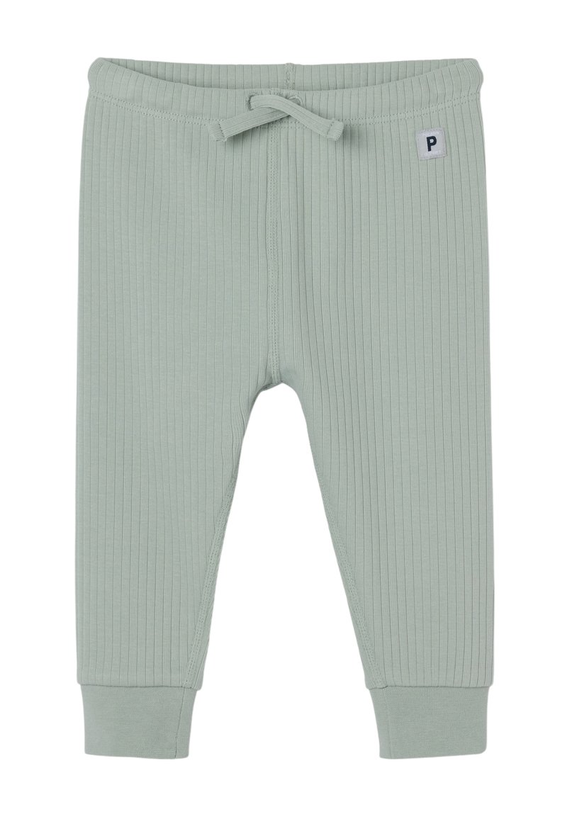 Groene geribde joggingbroek van zachte katoen, met een elastische tailleband, trekkoord en aansluitende manchetten. Klein merklabel op de voorkant.