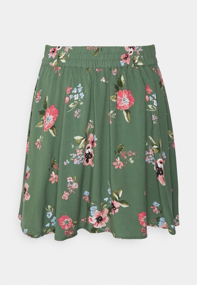 Jupe fleurie en tissu doux, avec une base verte et des fleurs roses, rouges et bleues. Taille élastique, coupe évasée, longueur mi-cuisse.