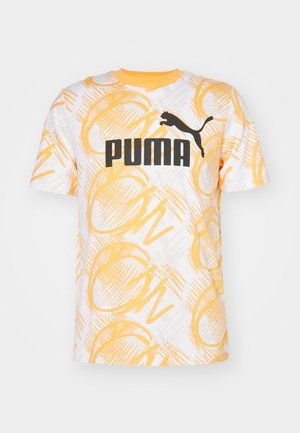 T-shirt à manches courtes à motifs abstraits blancs et jaunes avec logo Puma noir et graphique de puma bondissant sur la poitrine.