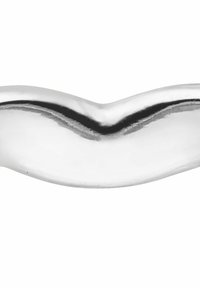 Metalen gebogen lepel met een gladde, gepolijste oppervlakte; heeft een golvend ontwerp, toelopende randen en een reflecterende afwerking.