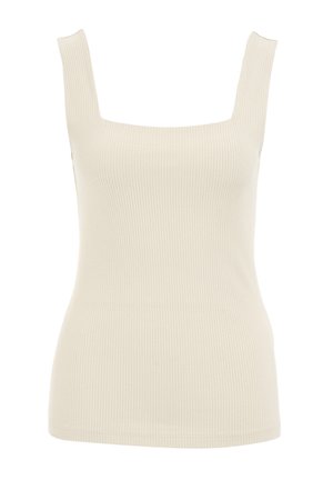 Ribbed top na ramiączkach w jasnym beżu z kwadratowym dekoltem i szerokimi ramiączkami. Materiał jest gładki, a sylwetka dopasowana. Brak widocznych wzorów.