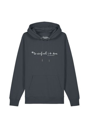 Donkergrijze hoodie met voorzak en witte Duitse tekst ""So einfach ist das"" op de borst.