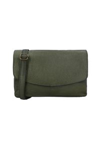 Borsa a tracolla in pelle verde scuro con chiusura a pattina e tracolla regolabile con fibbia in ottone su sfondo bianco.