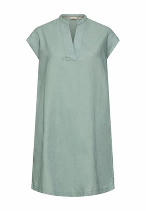 Hellgrünes Tunika-Kleid mit kurzen Ärmeln, V-Ausschnitt und kragenlosem Design, aus leichtem Stoff gefertigt.