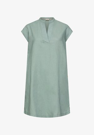Hellgrünes Tunika-Kleid mit kurzen Ärmeln, V-Ausschnitt und kragenlosem Design, aus leichtem Stoff gefertigt.