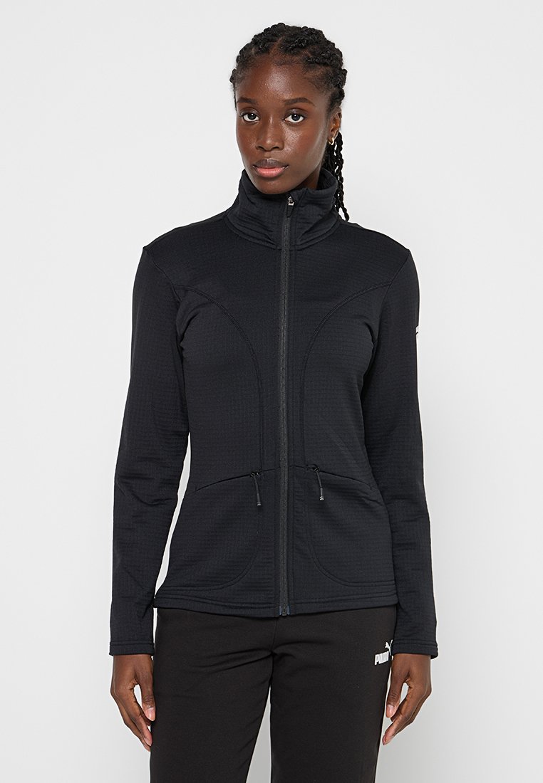 Schwarze Zip-Jacke aus strukturiertem Stoff, mit hohem Kragen, zwei vorderen Taschen und einer taillierten Passform mit verstellbaren Kordeln.