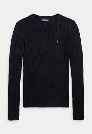 Black cable-knit long-sleeve crewneck sweater with purple Polo Ralph Lauren logo embroidered on left chest.