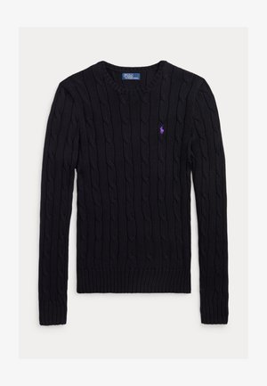 Black cable-knit long-sleeve crewneck sweater with purple Polo Ralph Lauren logo embroidered on left chest.