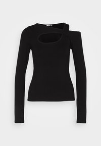 Top lungo a maniche nere in maglia a coste con un'apertura sulla spalla e scollatura rettangolare. Il tessuto ha una superficie liscia e una silhouette aderente.