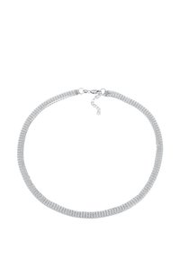 Silverfärgad nätkedja halsband med cylindrisk design. Utrustad med ett kräftklämma och justerbar längd med en förlängningskedja.