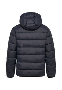 Navy blauwe donsjack met capuchon, voorzien van horizontale doorgestikte delen, een gladde textuur en elastische manchetten. Achteraanzicht toont een aansluitende pasvorm.