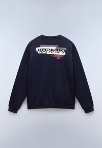 Navy blauwe sweatshirt met ronde hals, voorzien van een grafische print in crème en rood op de achterkant, inclusief geometrische patronen en merktekst.