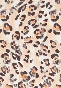 Leopard print fabric featuring a cream background with dark brown and caramel spots, textured with a brushstroke appearance.