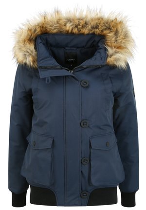 Giacca parka blu navy con cappuccio in pelliccia sintetica, chiusura frontale con bottoni e zip, due tasche laterali e polsini a costine all'orlo.