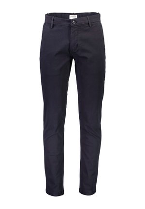 Navy cotton trousers with a straight cut, featuring a front button closure, belt loops, and side pockets. Smooth texture, no patterns.