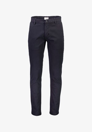 Mornarski pamučni hlače ravnog kroja s prednjim zatvaračem na kopčanje, petljama za remen i bočnim džepovima. Glatka tekstura, bez uzoraka.