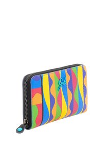 Portafoglio a zip in materiale testurizzato multicolore, con motivi ondulati in blu, arancione, giallo, verde e rosa, con logo turchese.