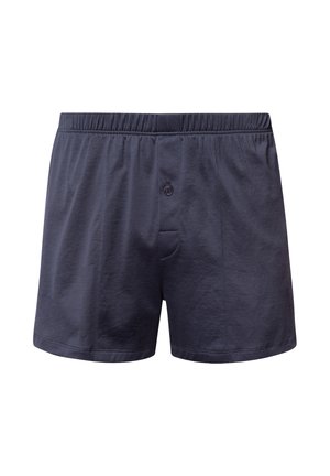 Donker marineblauwe boxers van zacht materiaal, met een elastische tailleband, een enkele knoop aan de voorkant en een eenvoudig ontwerp zonder patronen.