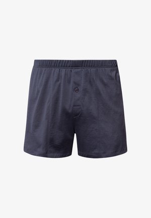 Dunkelmarineblaue Boxershorts aus weichem Material, mit einem elastischen Bund, einem einzigen Knopf vorne und einem schlichten Design ohne Muster.
