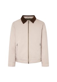 Lys beige jakke med en brun kordfløjskrave, lynlås foran, to sidelommer og en lige kant, lavet af glat stof.