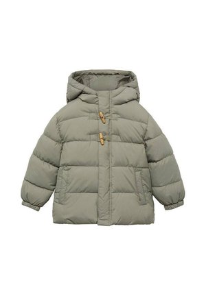 Veste d'hiver matelassée vert clair avec capuche, deux poches frontales, poignets élastiques et deux fermetures à bascule en bois à l'avant.