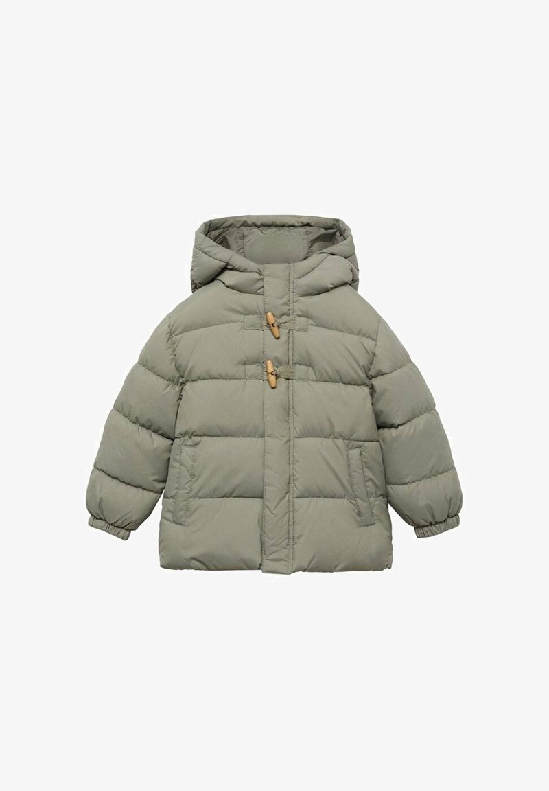 Veste d'hiver matelassée vert clair avec capuche, deux poches frontales, poignets élastiques et deux fermetures à bascule en bois à l'avant.