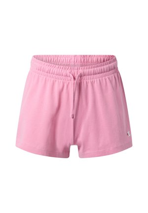 Rosa Shorts mit elastischem Bund, verstellbarem Kordelzug und kleinem Logo am linken Saum, dargestellt auf weißem Hintergrund.