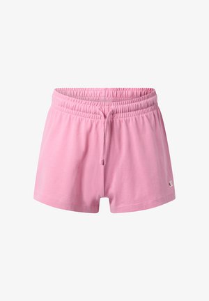 Rosa Shorts mit elastischem Bund, verstellbarem Kordelzug und kleinem Logo am linken Saum, dargestellt auf weißem Hintergrund.