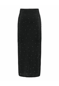 Falda midi negra hecha de una tela suave, con cuentas blancas dispersas como detalle. Corte recto y textura suave con una cinturilla oculta.
