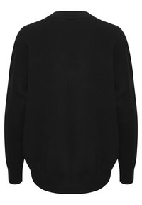 Black knitted sweater with a round neck, drop shoulders, long sleeves, and a relaxed fit, featuring ribbed cuffs and hem.