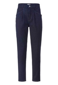 Donkerblauwe denim broek met een hoge taille, voorzien van voorplooien, zijzakken en een rechte pijp. Gladde textuur.