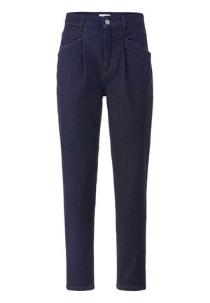 Dark blue denim trousers with a high waist, featuring front pleats, side pockets, and a straight-leg silhouette. Smooth texture.