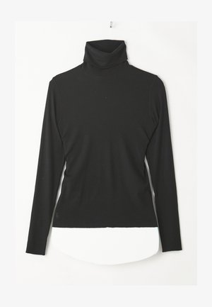 Black turtleneck long-sleeve top made of ribbed fabric, featuring a high neck, fitted design, and a curved hem at the bottom.