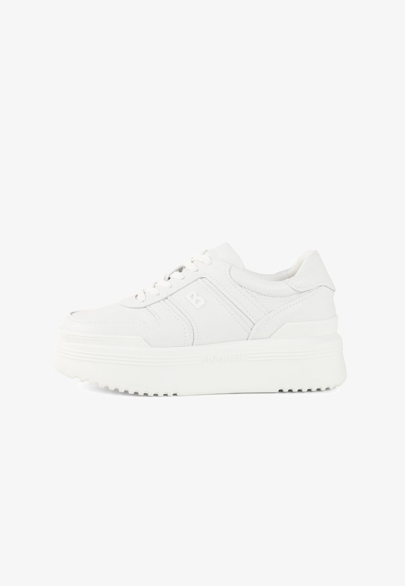 White leather sneakers with a chunky white sole, lace-up design, textured surface, and side accent stitching. Features a logo detail.