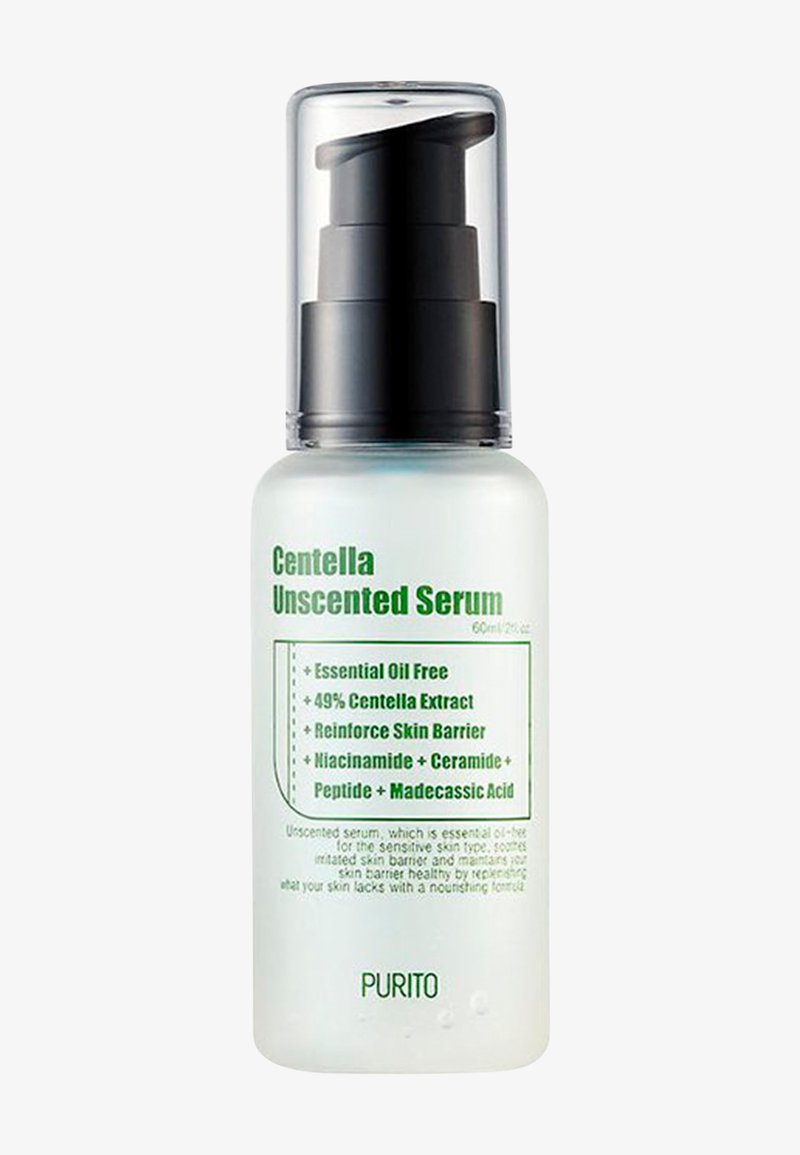 Flacon de sérum Centella non parfumé avec pompe noire, étiqueté sans huile essentielle, contenant 49 % d'extrait de centella, niacinamide, céramide, peptide, acide madécassique, 60 ml.