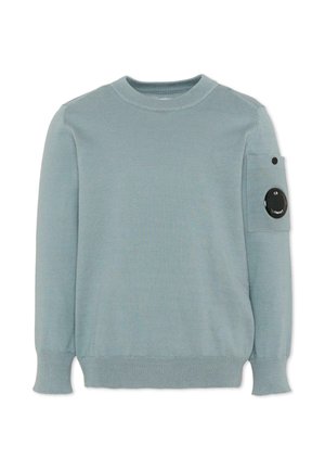 Maglione azzurro chiaro in maglia con scollo a girocollo e polsini a coste, con una toppa rotonda nera con logo sulla tasca della manica sinistra superiore.