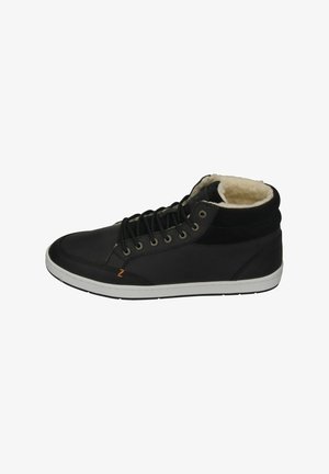 Black high-top sneakers made of leather with a fleece-lined collar, featuring flat laces, round eyelets, and a white rubber sole.