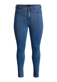 Jeans ajustados de denim azul con cintura alta, que cuentan con pasadores para cinturón, cierre frontal con botón y un acabado suave, ligeramente texturizado.